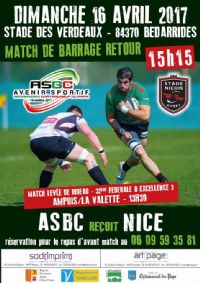 Rugby : ASBC / STADE NIÇOIS. Le dimanche 16 avril 2017 à Bédarrides. Vaucluse. 